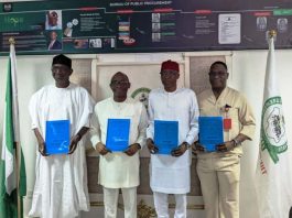 Director-General, Bureau of Public Procurement (BPP), Dr. Adebowale A. Adedokun, FCIPS, ACFE, second left, the President, Chartered Institute of Forensics and Certified Fraud Investigators of Nigeria (CIFCFIN), Dr. Yerima Iliyasu Gashinbaki, second right, Director of Civil Infrastructure Departure (CID), BPP, first left, Engr. Nasir Bello, and the Director of Compliance, Certification and Monitoring (CCM) BPP, Engr. Isaiah Yesufu, after signing of Memorandum of Understanding at BPP’s office in Abuja