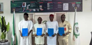 Director-General, Bureau of Public Procurement (BPP), Dr. Adebowale A. Adedokun, FCIPS, ACFE, second left, the President, Chartered Institute of Forensics and Certified Fraud Investigators of Nigeria (CIFCFIN), Dr. Yerima Iliyasu Gashinbaki, second right, Director of Civil Infrastructure Departure (CID), BPP, first left, Engr. Nasir Bello, and the Director of Compliance, Certification and Monitoring (CCM) BPP, Engr. Isaiah Yesufu, after signing of Memorandum of Understanding at BPP’s office in Abuja