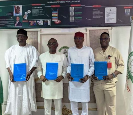 Director-General, Bureau of Public Procurement (BPP), Dr. Adebowale A. Adedokun, FCIPS, ACFE, second left, the President, Chartered Institute of Forensics and Certified Fraud Investigators of Nigeria (CIFCFIN), Dr. Yerima Iliyasu Gashinbaki, second right, Director of Civil Infrastructure Departure (CID), BPP, first left, Engr. Nasir Bello, and the Director of Compliance, Certification and Monitoring (CCM) BPP, Engr. Isaiah Yesufu, after signing of Memorandum of Understanding at BPP’s office in Abuja