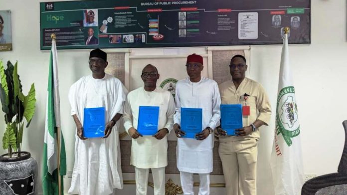 Signing of Memorandum of Understanding Director-General, Bureau of Public Procurement (BPP), Dr. Adebowale A. Adedokun, FCIPS, ACFE, second left, the President, Chartered Institute of Forensics and Certified Fraud Investigators of Nigeria (CIFCFIN), Dr. Yerima Iliyasu Gashinbaki, second right, Director of Civil Infrastructure Departure (CID), BPP, first left, Engr. Nasir Bello, and the Director of Compliance, Certification and Monitoring (CCM) BPP, Engr. Isaiah Yesufu, after signing of Memorandum of Understanding at BPP’s office in Abuja