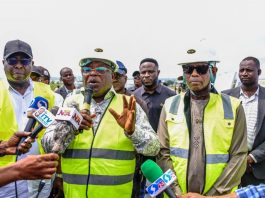 FROM L-R: Director Highways bridges Road & Design, Engr. Obiagu Clement, The Hon. Minister of Works, Engr/Sen. David, The Honourable Minister of State for works, Bello M. Goronyo Eqs. inspect the rehabilitation of Abuja-Keffi Road today Saturday 11-10-2025