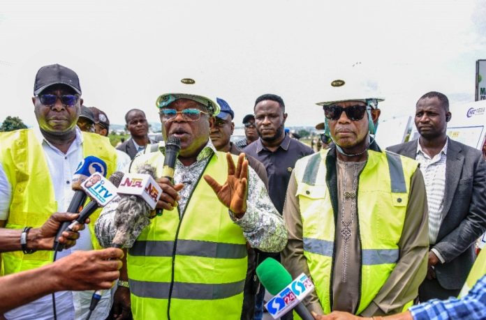 FROM L-R: Director Highways bridges Road & Design, Engr. Obiagu Clement, The Hon. Minister of Works, Engr/Sen. David, The Honourable Minister of State for works, Bello M. Goronyo Eqs. inspect the rehabilitation of Abuja-Keffi Road today Saturday 11-10-2025