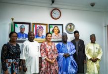 Uzoka-Anite Urges Nigerians To Imbue Ideals Of Patriotism To Drive Inclusive Growth L-R 1. Mrs Ndidi Chinonyelum, Director, Office of the Honourable Minister of State for Finance 2. Hon. Chineme Onyeke, Director General, Dr Nnamdi Azikiwe Annual Award Lecture, 3. Dr Doris Uzoka-Anite, Honourable Minister of State for Finance 4. His Excellency, Dr Mu’azu Babangida Aliyu, the former Governor of Niger State and 5. Mohammed Manga, Director, Information and Public Relations, Finance, in a group photograph shortly after the courtesy call on the Honourable Minister of State for Finance Dr Doris Uzoka-Anite in her office in Abuja today.