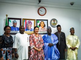 L-R 1. Mrs Ndidi Chinonyelum, Director, Office of the Honourable Minister of State for Finance 2. Hon. Chineme Onyeke, Director General, Dr Nnamdi Azikiwe Annual Award Lecture, 3. Dr Doris Uzoka-Anite, Honourable Minister of State for Finance 4. His Excellency, Dr Mu’azu Babangida Aliyu, the former Governor of Niger State and 5. Mohammed Manga, Director, Information and Public Relations, Finance, in a group photograph shortly after the courtesy call on the Honourable Minister of State for Finance Dr Doris Uzoka-Anite in her office in Abuja today.
