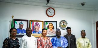 L-R 1. Mrs Ndidi Chinonyelum, Director, Office of the Honourable Minister of State for Finance 2. Hon. Chineme Onyeke, Director General, Dr Nnamdi Azikiwe Annual Award Lecture, 3. Dr Doris Uzoka-Anite, Honourable Minister of State for Finance 4. His Excellency, Dr Mu’azu Babangida Aliyu, the former Governor of Niger State and 5. Mohammed Manga, Director, Information and Public Relations, Finance, in a group photograph shortly after the courtesy call on the Honourable Minister of State for Finance Dr Doris Uzoka-Anite in her office in Abuja today.