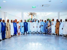 (L-R) Deputy Chief of Staff to the President, Sen Ibrahim Hassan Hadejia; DIG Habila Joshak (Rtd); Hon. Beni Lar; Alhaji Mahmud Yayale Ahmed; Amb Baba Ahmed Jidda; Hajia Aishatu Ismail; Amb Ibrahim Mai-Sule; His Excellency Muktar Lamara Yero; Arc. Ibrahim Bunu; Chairman of the Board of Trustees of the Arewa Consultative Forum, Alh Bashir Dalhatu; Vice-President Kashim Shettima; Chairman, National Executive Committee of the Arewa Consultative Forum, Mamman Mike Osuman; Sen Ibrahim Ida; Alhaji Murtala Aliyu; Mrs Maimuna Yaya Abubakar; Lt. Gen. Abdurahman Bello Danbazau (Rtd); Alhaji Ibrahim Sidi Bamalli; IGP M.D. Abubakar (Rtd); Alh Nasiru H. Danu and others during a courtesy visit to Vice-President Kashim Shettima by the leadership of Arewa Counsultative Forum (ACF) at the Presidential Villa in Abuja on Wednesday (29-10-2025)