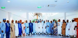 (L-R) Deputy Chief of Staff to the President, Sen Ibrahim Hassan Hadejia; DIG Habila Joshak (Rtd); Hon. Beni Lar; Alhaji Mahmud Yayale Ahmed; Amb Baba Ahmed Jidda; Hajia Aishatu Ismail; Amb Ibrahim Mai-Sule; His Excellency Muktar Lamara Yero; Arc. Ibrahim Bunu; Chairman of the Board of Trustees of the Arewa Consultative Forum, Alh Bashir Dalhatu; Vice-President Kashim Shettima; Chairman, National Executive Committee of the Arewa Consultative Forum, Mamman Mike Osuman; Sen Ibrahim Ida; Alhaji Murtala Aliyu; Mrs Maimuna Yaya Abubakar; Lt. Gen. Abdurahman Bello Danbazau (Rtd); Alhaji Ibrahim Sidi Bamalli; IGP M.D. Abubakar (Rtd); Alh Nasiru H. Danu and others during a courtesy visit to Vice-President Kashim Shettima by the leadership of Arewa Counsultative Forum (ACF) at the Presidential Villa in Abuja on Wednesday (29-10-2025)