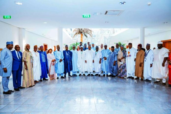(L-R) Deputy Chief of Staff to the President, Sen Ibrahim Hassan Hadejia; DIG Habila Joshak (Rtd); Hon. Beni Lar; Alhaji Mahmud Yayale Ahmed; Amb Baba Ahmed Jidda; Hajia Aishatu Ismail; Amb Ibrahim Mai-Sule; His Excellency Muktar Lamara Yero; Arc. Ibrahim Bunu; Chairman of the Board of Trustees of the Arewa Consultative Forum, Alh Bashir Dalhatu; Vice-President Kashim Shettima; Chairman, National Executive Committee of the Arewa Consultative Forum, Mamman Mike Osuman; Sen Ibrahim Ida; Alhaji Murtala Aliyu; Mrs Maimuna Yaya Abubakar; Lt. Gen. Abdurahman Bello Danbazau (Rtd); Alhaji Ibrahim Sidi Bamalli; IGP M.D. Abubakar (Rtd); Alh Nasiru H. Danu and others during a courtesy visit to Vice-President Kashim Shettima by the leadership of Arewa Counsultative Forum (ACF) at the Presidential Villa in Abuja on Wednesday (29-10-2025)