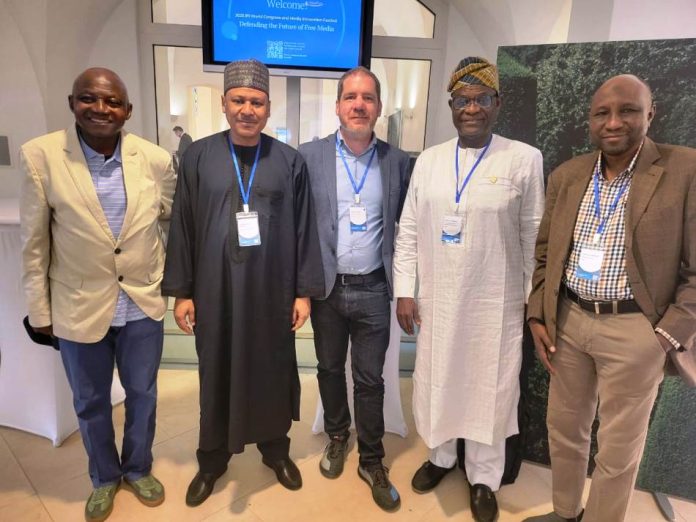 World Congress and 75th Anniversary of the International Press Institute ( IPI ) *All* *IPI* *Chieftains* : L-R- Former Presidential Spokesman in Nigeria, Mallam Garba Shehu, ; Nigeria's Minister of Information and National Orientation, Mallam Mohammed Idris Malagi; Chairman of the Executive Board of the International Press Institute ( IPI) , Vienna Austria, Mr. Marton Gergely; Member representing Nigeria and Africa on the IPI Executive Board , Mr Raheem Adedoyin and Associate Professor of Mass Communication, Bayero University, Kano, Dr. Sule Yau Sule at the World Congress and 75th Anniversary of the International Press Institute ( IPI ) in Vienna, Austria, Yesterday