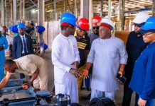 L–R: The Honourable Minister of Youth Development, Comrade Ayodele Olawande; Chief Innocent Chukwuma (OFR), Chairman and CEO, Innoson Group; and the Permanent Secretary, Mr. Olubunmi Olusanya, during the Minister’s working visit to Innoson Vehicle Manufacturing (IVM) in Nnewi, Anambra State.
