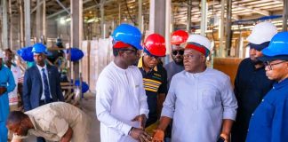L–R: The Honourable Minister of Youth Development, Comrade Ayodele Olawande; Chief Innocent Chukwuma (OFR), Chairman and CEO, Innoson Group; and the Permanent Secretary, Mr. Olubunmi Olusanya, during the Minister’s working visit to Innoson Vehicle Manufacturing (IVM) in Nnewi, Anambra State.