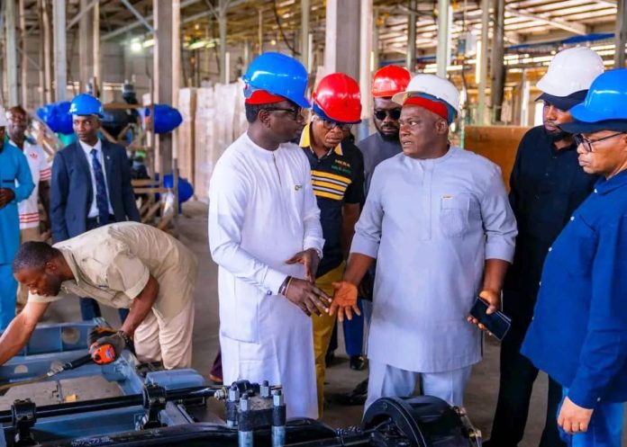 L–R: The Honourable Minister of Youth Development, Comrade Ayodele Olawande; Chief Innocent Chukwuma (OFR), Chairman and CEO, Innoson Group; and the Permanent Secretary, Mr. Olubunmi Olusanya, during the Minister’s working visit to Innoson Vehicle Manufacturing (IVM) in Nnewi, Anambra State.