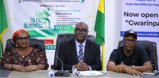 Permanent Secretary, Ministry of Police Affairs, Dr. Anuma Ogbonnaya Nlia and Deputy Registrar, Optometrists and Dispensing Opticians Registration Board (ODORBN), Dr. Igbo Okafor, during the flag-off of the free eye tests and glasses to the staff of the Ministry of Police Affairs, Nigeria Police Trust Fund (NPTF), and Nigeria Police Force (NPF) organised by the Optometrists and Dispensing Opticians Registration Board (ODORBN) in conjunction with the Federal Ministries of Health and Police Affairs held at the Headquarters of the Ministry, Federal Secretariat, Abuja.