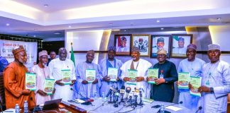 The Minister of Agriculture and Food Security, Sen Abubakar Kyari (C), and other stakeholders during the presentation of Agricultural Performance Survey in Abuja.
