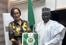 The Minister of State for Foreign Affairs, Amb. Bianca Odumegwu-Ojukwu (Left) and the Director-General, Nigerian Technical Aid Corps, Rt. Hon. Yusuf Buba Yakub, pose for a photo session after a working visit by the DG to the Ministry Headquarters in Abuja on *Friday, October 10, 2025. The NTAC DG here presenting to the Hon. Minister, paraphernalia of his stewardship at the Nigerian Technical Aid Corps in the last two years.