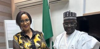 The Minister of State for Foreign Affairs, Amb. Bianca Odumegwu-Ojukwu (Left) and the Director-General, Nigerian Technical Aid Corps, Rt. Hon. Yusuf Buba Yakub, pose for a photo session after a working visit by the DG to the Ministry Headquarters in Abuja on *Friday, October 10, 2025. The NTAC DG here presenting to the Hon. Minister, paraphernalia of his stewardship at the Nigerian Technical Aid Corps in the last two years.