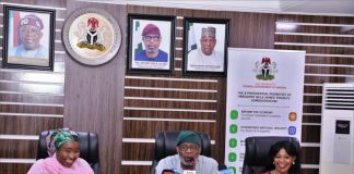 From R-L is the Executive Secretary of the Solid Minerals Development Fund, Fatima Shinkafi, next to her is the Honourable Minister of Solid Minerals Development Dr. Dele Alake, next to him is the President of Women in Mining in Nigeria Mrs. Janet Adeyemi during the pre-event press briefing in preparation for the upcoming African Gems and Jewellery Exhibition . The briefing was held on the 18th November, 2025 in the the Honourable Minister's Conference Room, Abuja.