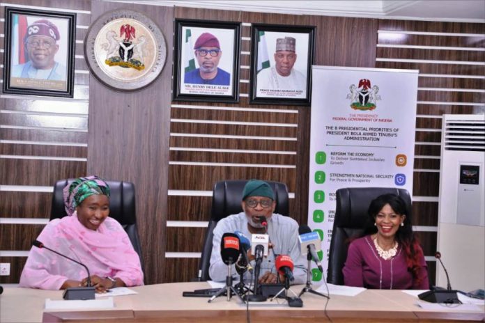 From R-L is the Executive Secretary of the Solid Minerals Development Fund, Fatima Shinkafi, next to her is the Honourable Minister of Solid Minerals Development Dr. Dele Alake, next to him is the President of Women in Mining in Nigeria Mrs. Janet Adeyemi during the pre-event press briefing in preparation for the upcoming African Gems and Jewellery Exhibition . The briefing was held on the 18th November, 2025 in the the Honourable Minister's Conference Room, Abuja.