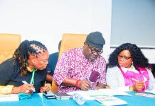 Director-General, National Sports Commission, Hon. Bukola Olopade (middle) in a tete-a-tete with the Deputy Director of PRS, Mrs. Odiaka Olufisayo (right) and the Commissioner for Sports Development, Cross River State, Hon. Agnes Atsu during the day 1 of National Council on Sports ongoing in Calabar the Cross River State capital