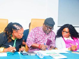 Director-General, National Sports Commission, Hon. Bukola Olopade (middle) in a tete-a-tete with the Deputy Director of PRS, Mrs. Odiaka Olufisayo (right) and the Commissioner for Sports Development, Cross River State, Hon. Agnes Atsu during the day 1 of National Council on Sports ongoing in Calabar the Cross River State capital