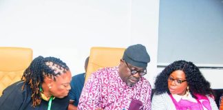 Director-General, National Sports Commission, Hon. Bukola Olopade (middle) in a tete-a-tete with the Deputy Director of PRS, Mrs. Odiaka Olufisayo (right) and the Commissioner for Sports Development, Cross River State, Hon. Agnes Atsu during the day 1 of National Council on Sports ongoing in Calabar the Cross River State capital
