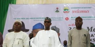 L-R, The Permanent Secretary, Federal Ministry of Works, Engr. Olufunso O. Adebiyi, the Hon. Minister of State for Works, Bello Mohammad Goronyo Esq and the Governor of Ekiti State, H.E. Biodun Abayomi Oyebanji during the Council Meeting of the Hon. Minister and Hon . Commissioners in Ado-Ekiti, Ekiti State.