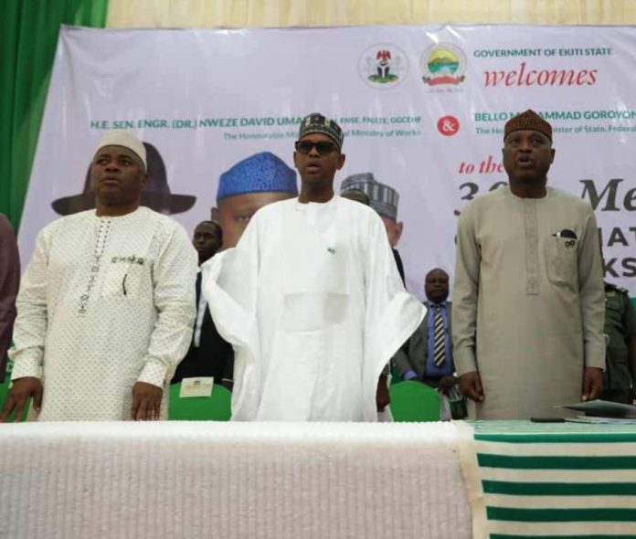 30th National Council On Works L-R, The Permanent Secretary, Federal Ministry of Works, Engr. Olufunso O. Adebiyi, the Hon. Minister of State for Works, Bello Mohammad Goronyo Esq and the Governor of Ekiti State, H.E. Biodun Abayomi Oyebanji during the Council Meeting of the Hon. Minister and Hon . Commissioners in Ado-Ekiti, Ekiti State.