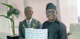 Right: Director-General, Bureau of Public Procurement (BPP) Dr. Adebowale A. Adedokun, FCIPS, CMILT, ACFE, being Presented with a souvenir by the President/Chairman of Council, Institute of Chartered Accoutant of Nigerian (ICAN), Mall. Haruna Nma Yahaya, mni, Ph.D, during the ICAN visit to BPP in Abuja