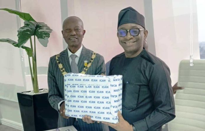 Right: Director-General, Bureau of Public Procurement (BPP) Dr. Adebowale A. Adedokun, FCIPS, CMILT, ACFE, being Presented with a souvenir by the President/Chairman of Council, Institute of Chartered Accoutant of Nigerian (ICAN), Mall. Haruna Nma Yahaya, mni, Ph.D, during the ICAN visit to BPP in Abuja