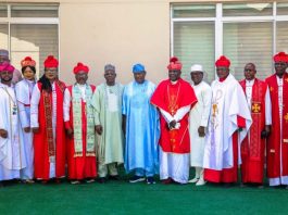 Secretary to the Government of the Federation, Sen. George Akume, fnim, CON, receives in audience a delegation of Charismatic Bishops Conference of Nigeria (CBCN) led by its President, Archbishop Prof. Leonard Bature Kawas, on Friday, 28th November, 2025 in Abuja.