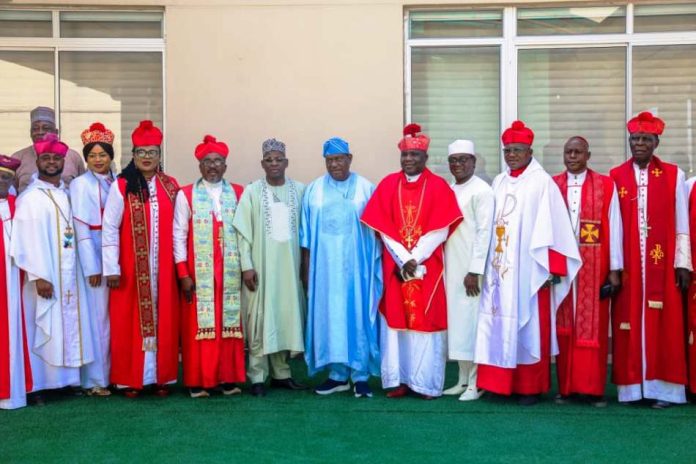 Secretary to the Government of the Federation, Sen. George Akume, fnim, CON, receives in audience a delegation of Charismatic Bishops Conference of Nigeria (CBCN) led by its President, Archbishop Prof. Leonard Bature Kawas, on Friday, 28th November, 2025 in Abuja.