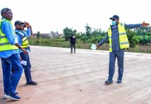 The Minister of State for Works, Bello M. Goronyo, Esq. (Right), Acting Director of Highways, Bridges and Design, Engr. Musa Sa’idu (1st Left) and the Engineers’ Representative, Abuja-Kano Expressway, Engr. Ckukwuma Kalu at the Section I of the Project, yesterday.