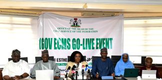 HCSF, Mrs. Didi Esther Walson-Jack, OON, mni, (m) delivering the keynote address at the Go-Live event of the OHCSF IGov cloud ECMS. She is flanked by some Permanent Secretaries, Amb Dunoma Umar Ahmed, Foreign Affairs (2nd L), Engr Faruk Yusuf Yabo , Solid Minerals Development, (3rd R), Mrs Fatima Mahmood, Career Management Office (2nd Right), and Arc Joy Baderin, Director, Overseeing Office of Permanent Secretary, Special Duties Office (SDO) (Ist Right) and Representative of the MD/CEO of Galaxy Backbone, Mr Sani Ibrahim (1st L).