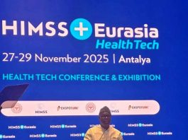 Nigeria's Minister of State for Health and Social Welfare Dr. Iziaq Adekunle Salako delivering his Keynote address at the HIMSS + Health Tech Eurasia Conference & Exhibition in Antalya, Turkey.