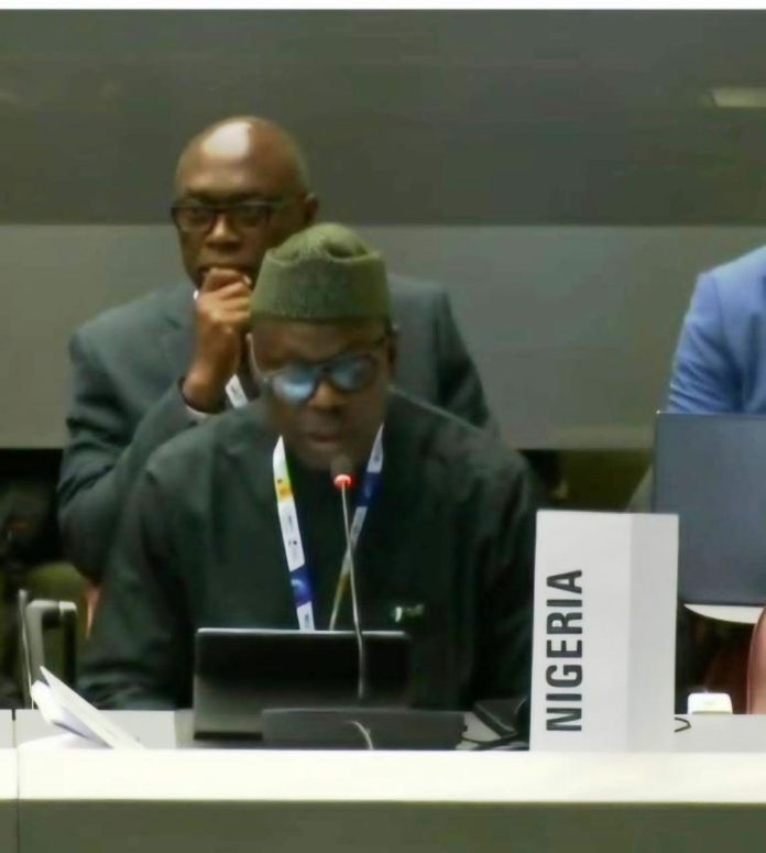 The Honourable Minister of State for Health and Social Welfare Dr. Iziaq Adekunle Salako delivering Nigeria's High-level statement at the Eleventh Session of WHO Conference of Parties ( COP11) in Geneva.