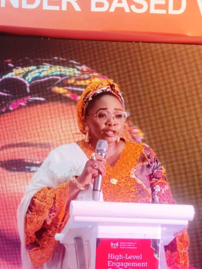 Honourable Minister of Women Affairs and Social Development, Hajiya Imaan Sulaiman-Ibrahim, FSI, delivering her key note address during a high-level engagement held on Monday, November 24, 2025, at the Envoy Hotel, Abuja, marking the national commencement of the global 16 Days of Activism Against Gender-Based Violence under the theme: “UNiTE! End Digital Violence Against All Women and Girls.”