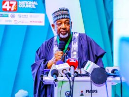 The Minister of Agriculture and Food Security, Sen Abubakar Kyari, addressing the Council during the 47th National Council on Agriculture and Food Security.