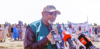 The Minister of Agriculture and Food Security, Sen Abubakar, during the flag-off of the Subsidized Agricultural inputs under the NAGS-AP Programme in Maiduguri, Borno State.