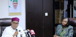 The Honourable Coordinating Minister of Health & Social Welfare Prof. Muhammad Ali Pate CON, addressing Health Reporters during a Ministerial Press Briefing announcing the hosting of the 2025 Joint Annual Report JAR Conference in Abuja. Also, providing insight into the palpable gains recorded by the Federal Government in the health sector between November 2024 till date. Seated on his Left: The Permanent Secretary Federal Ministry of Health & Social Welfare, Daju Kachollom mni.