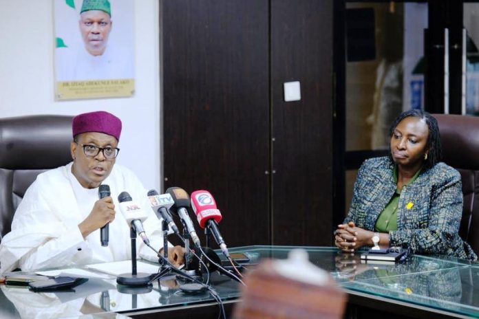 The Honourable Coordinating Minister of Health & Social Welfare Prof. Muhammad Ali Pate CON, addressing Health Reporters during a Ministerial Press Briefing announcing the hosting of the 2025 Joint Annual Report JAR Conference in Abuja. Also, providing insight into the palpable gains recorded by the Federal Government in the health sector between November 2024 till date. Seated on his Left: The Permanent Secretary Federal Ministry of Health & Social Welfare, Daju Kachollom mni.