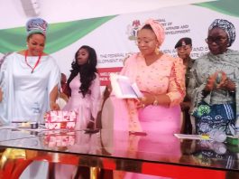 R-L Hon.Imaa Suleiman Ibrahim fsi, Minister, Federal Ministry of Women Affairs and Social Development (2nd right) Permanent Secretary of the Ministry, Dr. Maryam Ismaila Keshinron (1st Right) and Host Hon. Commissioner of Women Affairs and Social Development, Edo State, Hon. Mrs. Eugenia Abdullah ( 1st Left), at the 25th National Council of Women Affairs and Child Development (NCWACD) currently holding in Benin City, Edo State Capital