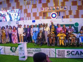 Executive Secretary National Commission for Persons with Disabilities (NCPWD) making his speech and a group photograph of the Heads of Disability Commissions and Agencies with minister of State for Humanitarian Affairs and Poverty Reduction, Yusuf Tanko Sanunu, who represented the president during the National Disability Summit in Abuja.