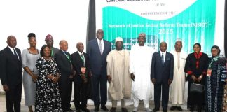 From L/R Co-chairman FJRCC Prof Muhammad Tabiu SAN, HON.HAGF and Minister of Justice Lateef Fagbemi SAN, and the Governor of Nasarawa stae hisExcellency Abdulahi sule and the Deputy Governor of Nasarawa state Dr Agbadu Akabe and the chief judge of Nasarawa state HON. Justice Aisha Bashir and the Attorney General of Nasarawa State BAR. Isaac Danladi snd participants in a group photograph during the Network of Reform teams conference lafiya Nasarawa State 28th November 2025.