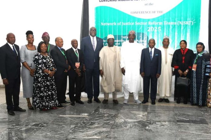 National Stakeholders’ Conference On Justice Sector Reform From L/R Co-chairman FJRCC Prof Muhammad Tabiu SAN, HON.HAGF and Minister of Justice Lateef Fagbemi SAN, and the Governor of Nasarawa stae hisExcellency Abdulahi sule and the Deputy Governor of Nasarawa state Dr Agbadu Akabe and the chief judge of Nasarawa state HON. Justice Aisha Bashir and the Attorney General of Nasarawa State BAR. Isaac Danladi snd participants in a group photograph during the Network of Reform teams conference lafiya Nasarawa State 28th November 2025.