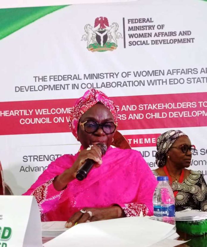 Dr. Maryam Ismaila Keshinron, Permanent Secretary, Federal Ministry of Women Affairs and Social Development delivering her Welcome remarks at the Opening of the Technical Session of the 25th National Council on Women Affairs and Social Development currently holding in Benin City, Edo State Capital
