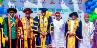 L-R: Registrar, Nigeria Defence Academy (NDA), Brigadier. General. Ogunleye, the Permanent Secretary, Ministry of Police Affairs, Dr. Anuma Ogbonnaya Nlia, Commandant Police Academy (POLAC), AIG Patrick Atayero, Provost (POLAC), Deputy Inspector General (FCID), DIG, Idris Abubakar Sadiq, and Executive Chairman, Wudil Local Government Area, Abba Muhammad Tukur, during the convocation ceremony of the Regular Courses 1 to 7 of the Nigeria Police Academy, held at Wudil, Kano