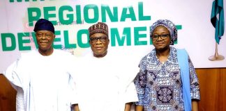 From Left - Right, The Honourable Minister Of Finance, Mr.Adebayo Olawale Edun, The Honourable Minister Of Regional Development,Engr.Abubakar Momoh And The Permanent Secretary, Ministry Of Regional Development,Dr.Mary Ogbe after the Inauguration of Project Steering Committee & Project Development Team For The Proposed Ferry Services In The Niger Delta Region .