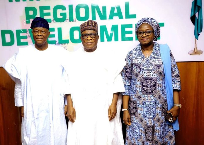 Project Steering Committee & Project Development Team From Left - Right, The Honourable Minister Of Finance, Mr.Adebayo Olawale Edun, The Honourable Minister Of Regional Development,Engr.Abubakar Momoh And The Permanent Secretary, Ministry Of Regional Development,Dr.Mary Ogbe after the Inauguration of Project Steering Committee & Project Development Team For The Proposed Ferry Services In The Niger Delta Region .