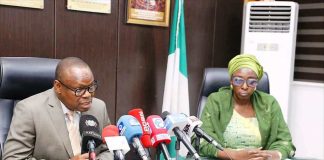 The Honourable Minister of State for Health & Social Welfare Dr Iziaq Adekunle Salako addressing Health Reporters on the concrete measures being taken by the Federal Government to end the ongoing strike action by the National Association of Resident Doctors NARD.