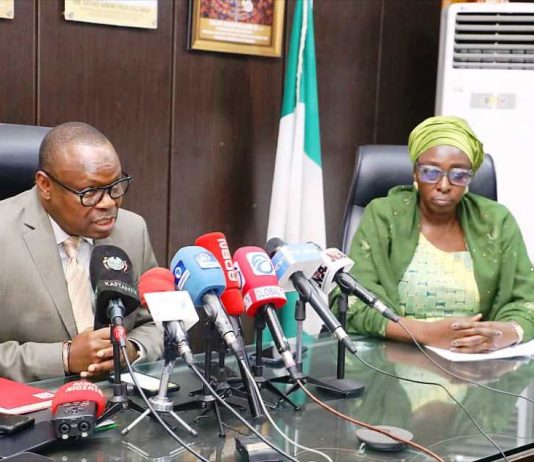 The Honourable Minister of State for Health & Social Welfare Dr Iziaq Adekunle Salako addressing Health Reporters on the concrete measures being taken by the Federal Government to end the ongoing strike action by the National Association of Resident Doctors NARD.